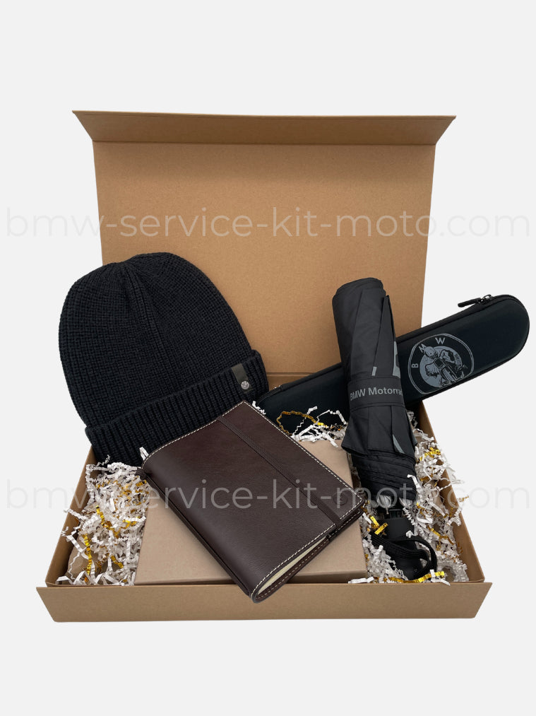 Idée cadeau avec coffret contenant un bonnet, un parapluie et un carnet d'origine BMW Motorrad