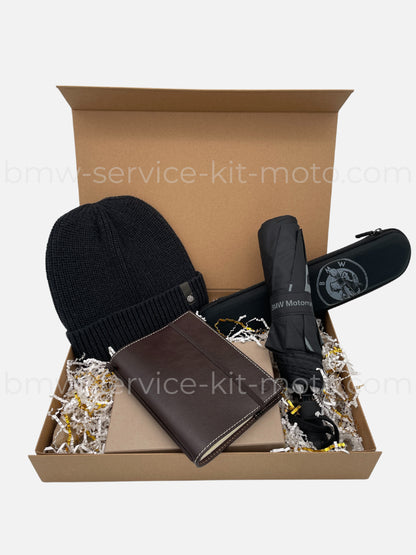 Idée cadeau avec coffret contenant un bonnet, un parapluie et un carnet d'origine BMW Motorrad