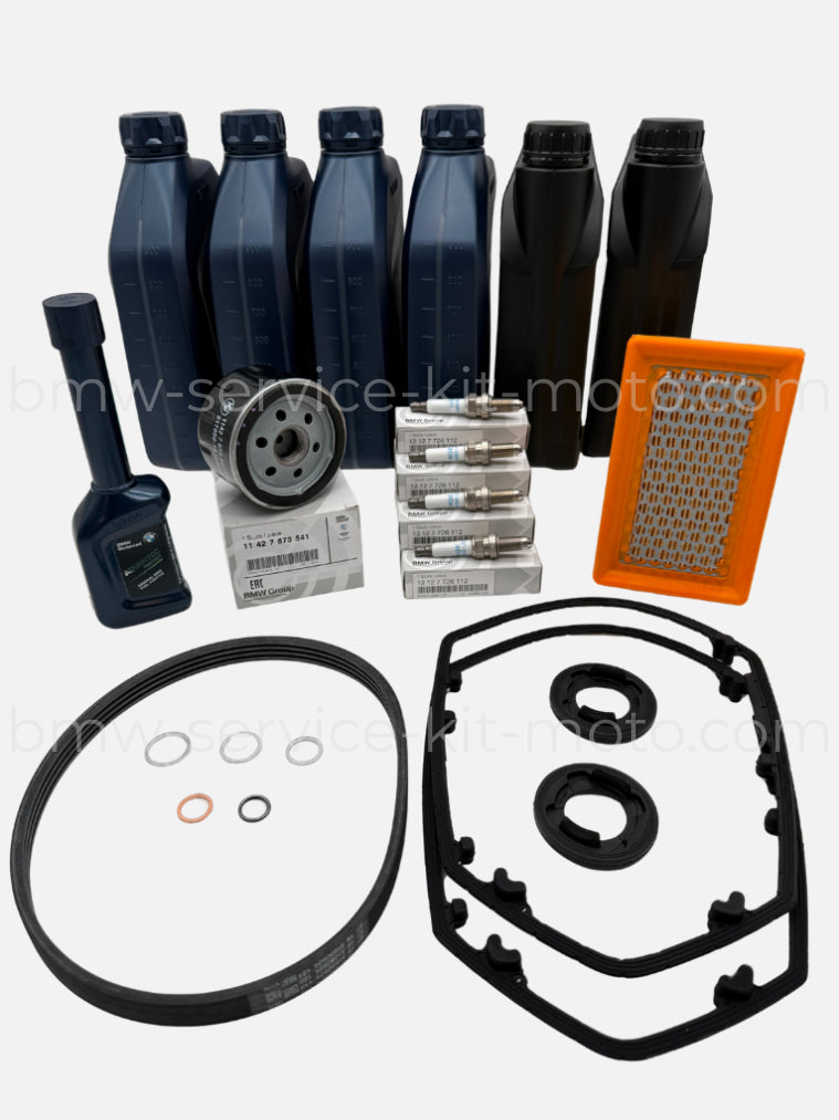 Kit révision pour moto BMW R1200 RT avec : filtre à huile, filtre à air, huile 15W50, bougies, stabilisateur, huile de pont, joints de couvre culasse et courroie. Pièces d'origine BMW Motorrad