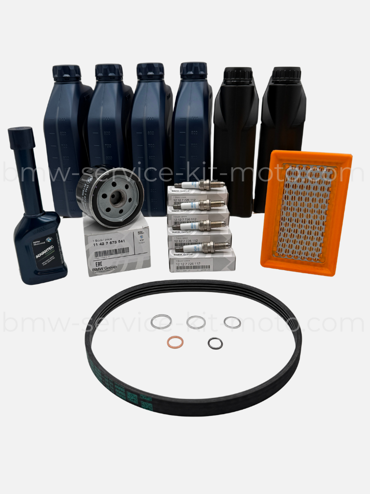 Kit révision des 40000 km pour R1200GS et R1200GSA BMW : courroie, filtre à air, filtre à huile, bougies x 4, huile 15W50 x 4, stabilisateur de carburant, huile de pont et huile de boîte.
