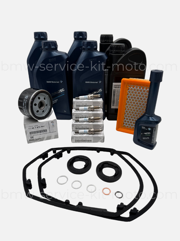 Kit révision pour moto BMW R1200 RT avec : filtre à huile, filtre à air, huile 15W50, bougies, stabilisateur, huile de pont, huile de boîte, joints de couvre culasse. Pièces d'origine BMW Motorrad